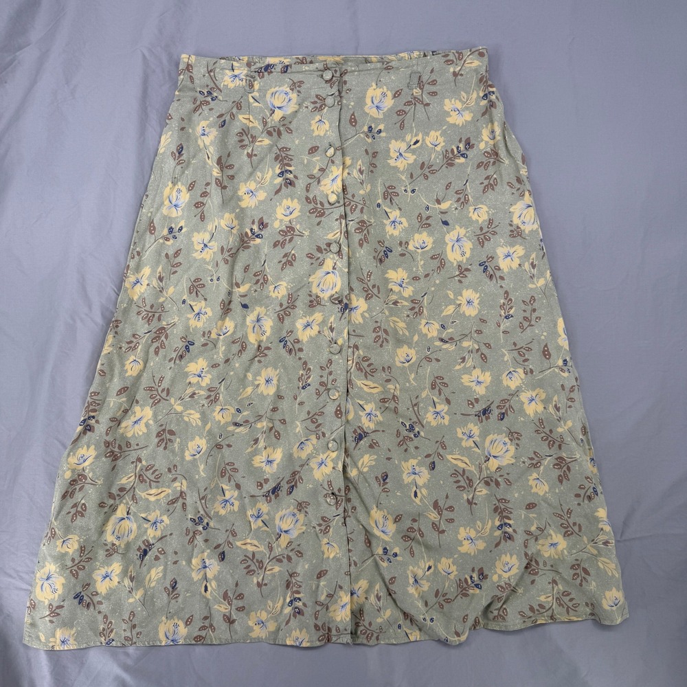 Prophecy by Sag Harbor Green Floral Rayon Button Front Midi Skirt Womens Large